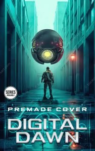 Dystopian sci-fi book cover showing drone over city.