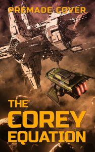 Premade sci-fi cover with two spaceships near a massive orbital station and an asteroid field. inspired to James S. A. Corey.