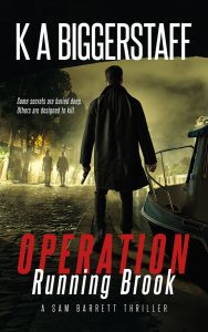 Suspense thriller book cover design with man holding gun at night on cobblestone street, cinematic lighting, and noir visual style.
