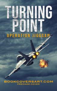 Premade military thriller cover showing a fighter jet in flight, firing missiles with an explosion in the sky
