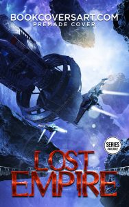 Premade space opera ebook cover with derelict space station and ships among blue asteroids