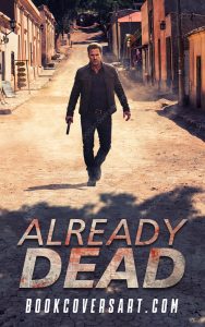 Premade crime action thriller cover featuring a man with a gun walking alone down a dusty town street. Ideal for self-publishing authors.