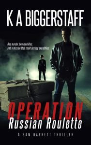 Spy thriller cover with two shadowy figures, weapons crates, and moody lighting, custom-designed for Operation Russian Roulette.