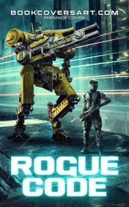 Premade cyberpunk sci-fi cover with yellow mech robot and armed futuristic soldier in a neon-lit city