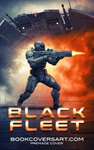 Premade military sci fi book cover showing armored soldier firing weapon, with large spaceship in background and orange smoke.
