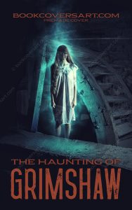 A spectral girl in a white dress glows with a turquoise light in a dark, ruined basement, a premade book cover for a horror novel.