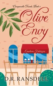 Custom cozy travel romance book cover with olive leaves, café table, wine glasses, and cat, set in Italy.