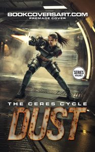 Premade military sci-fi book cover showing a female soldier in futuristic armor firing a rifle inside a spaceship corridor