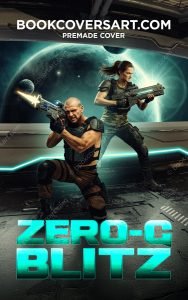 Premade action sci-fi book cover with two space soldiers aiming futuristic weapons on a spaceship with planets in the background