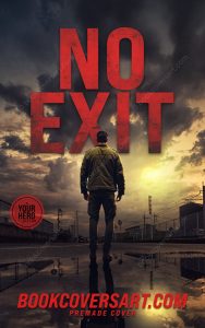 Premade urban action thriller book cover with a man in an industrial street at sunset