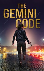 Premade female action thriller book cover with a woman running at night holding a gun