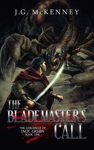 Illustrated Epic Fantasy Cover with warrior and giant scorpion monster