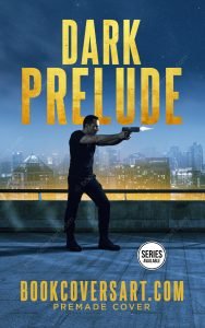 A premade thriller book cover showing a man in black firing a gun on a rooftop with a city skyline at night under a dark sky, featuring gold text.