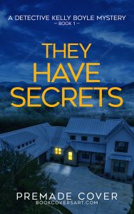 Premade mystery book cover showing a suburban house at night with one lit window, symbolizing secrets and suspense.