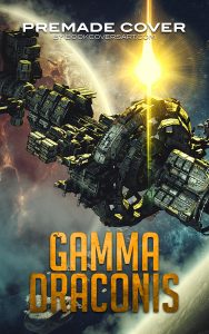Premade space opera book cover featuring a massive starship near a burning planet with cosmic light effects.