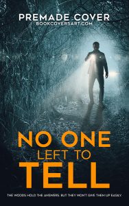 suspense thriller book cover, man in dark forest with flashlight, mystery design for indie authors