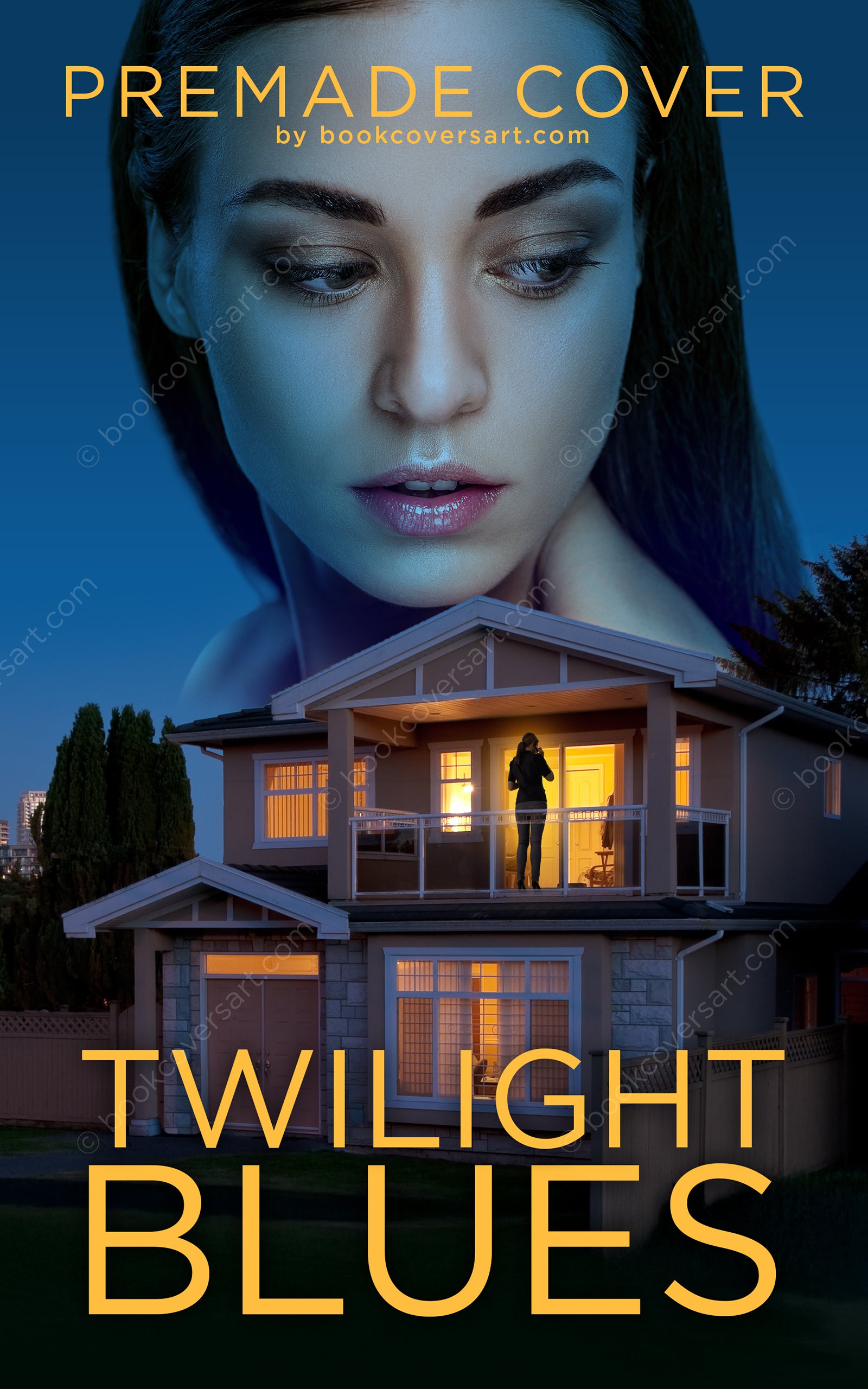 Premade psychological thriller book cover featuring a woman inside a glowing house and another woman's face above in blue tones.