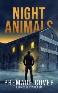 Urban crime thriller book cover showing a man facing an old warehouse with glowing yellow windows at night.