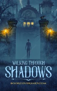 Premade gothic fantasy book cover showing a woman walking toward a misty cathedral through stone gates and glowing lamps.