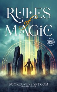 Dark fantasy book cover featuring a cloaked woman standing among glowing stones with runes and mystical light.