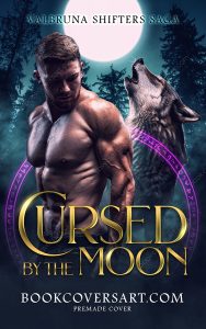 Premade shifter romance book cover featuring a shirtless man, a howling wolf, and a glowing full moon.