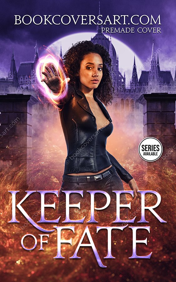 Urban fantasy premade book cover featuring a young heroine casting a glowing spell before a gothic magical academy.