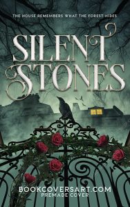 Gothic romance book cover featuring a black raven on a gate with red roses and a foggy mansion.