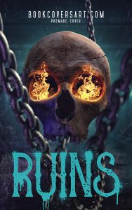 Premade Horror Skull Book Cover featuring a chained skull with burning flames inside the eye sockets.