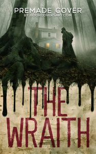 Premade horror thriller book cover featuring a shadowy figure in a foggy forest near a secluded house.