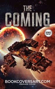Premade space opera book cover featuring a massive starship drifting through asteroids near glowing planets