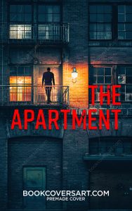 Premade suspense thriller book cover featuring a man standing on a balcony in a dark urban building at night.