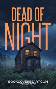 Premade suspense thriller cover featuring a dark wooden house with glowing windows in a remote forest at night.