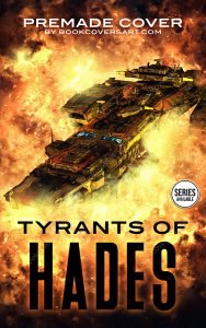 Military sci-fi book cover featuring a giant battleship emerging from fiery orange explosions in space.