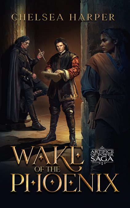 Political fantasy book cover illustration with three characters and court intrigue, commissioned artwork by Ivan Zann for an indie author