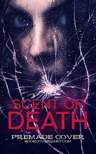 Horror thriller premade book cover with cracked glass and a haunting human face.