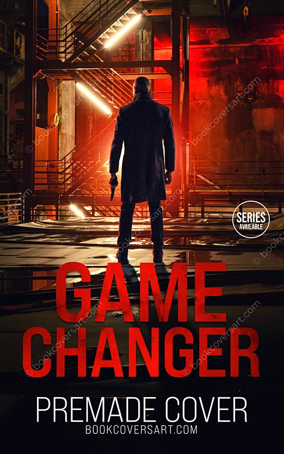 Crime thriller book cover with a man holding a gun in a red industrial setting.