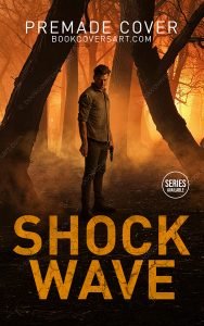Crime thriller premade cover with armed man standing in a burning forest.