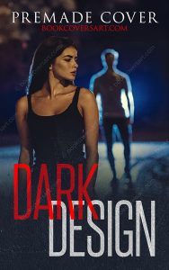 Romantic thriller premade cover with female lead and shadowy male figure at night.