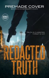 Action thriller premade cover with armed man and urban night setting.