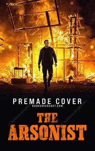 Armed man walking from a burning building on a dramatic arson thriller premade book cover