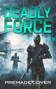 Military sci fi ebook cover showing armored futuristic soldiers advancing through rain in an industrial war zone