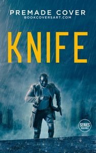 A man running through a rainy city on an action thriller premade cover titled Knife.