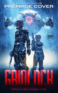 Cyberpunk military cover with armored futuristic soldiers, glowing visors, and giant surveillance drone in heavy rain