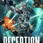 Military sci fi cover design featuring armed cyborg with red eyes in space battle above planet with explosions and warship