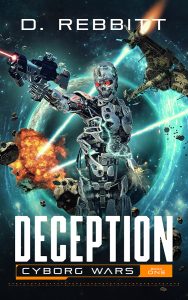 Military sci fi cover design featuring armed cyborg with red eyes in space battle above planet with explosions and warship