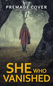A woman in a red coat disappears into a foggy forest on a psychological mystery premade cover.