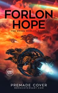 Colony ship cover for sale with large spacecraft fleet escaping a fiery planetary sky
