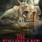 Horror book cover design showing grotesque slug like creature with human torso crawling across wooden floor in dark room. A body horror book cover