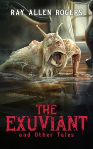 Horror book cover design showing grotesque slug like creature with human torso crawling across wooden floor in dark room. A body horror book cover