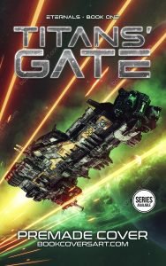 Military science fiction book cover for sale, with armored spaceship flying through green nebula and bright orbital battle streaks